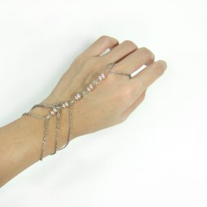 Slave Bracelet Ring with White Pearl, Layers Hand Link Chain, Silver Chain Jewelry Handmade. JB1079