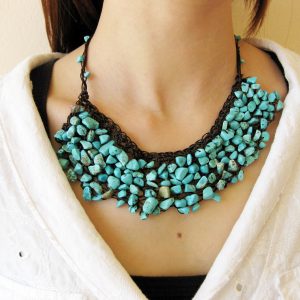 Knitting Necklace Red Coral, Blue Turquoise with Wax Thread, Boho Hippie Style, Thailand Handmade Jewelry. (JN1005)