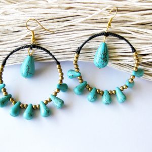 Handmade Dangle Earrings with Drops Stone and Brass Bead, Jewelry Thailand Handmade. (JE1024)