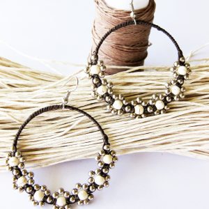 Handmade earrings silver beaded with Beaded stone, Flower dangle hoops, Jewelry Thailand Handmade. (JE1025)