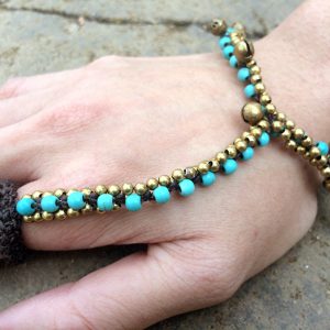 Slave Bracelet Ring with Turquoise Beads Stone and Bell, Hand Link Chain, Jewelry Handmade. JB1067-TU