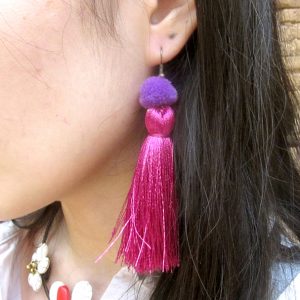 Pretty Fluff Cotton Tassel Silky Earrings with Pom Poms Handmade. (JE1045)