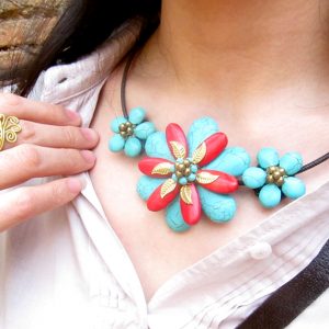 Flower Choker, 'Beauty' & Turquoise Beaded Stone Necklace with Waxed Cotton, Adjustable Size, Thailand Handmade Jewelry. (JN1002)