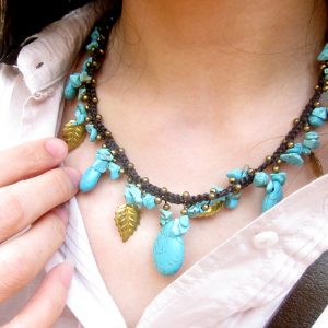 Necklace with Turquoise Drop, Charm, Antique Brass, Stone, Handmade, Adjustable Size, Thailand Jewelry. JN1004-TU