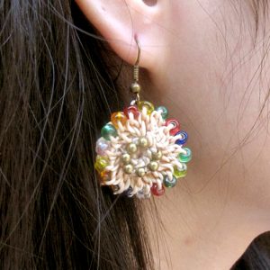 Pretty Dangle Earrings, Circle Crochet Wax Cord with Multi-Color Bubble Beads,Thailand Handmade. JE1047