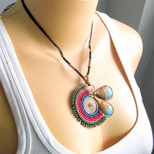 Woven Necklace with Woving Brass & Wax Thread, Turquoise Boho Hippie Style, Adjustable Handmade Jewelry Thailand (JN1026-GRBL)