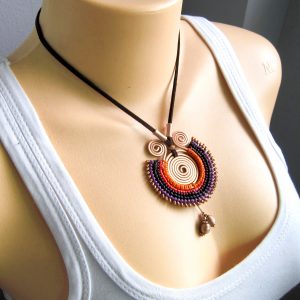 Woven Necklace with Woving Brass & Purple Orange Wax Thread, Boho Hippie Style, Adjustable Handmade Jewelry Thailand (JN1027-PUOR)