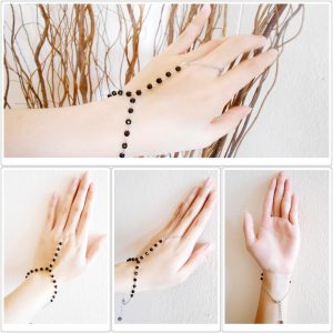 Slave Bracelet Ring - Cutting Black Onyx Beads - Hand Link Chain, Jewelry Handmade. JB1061