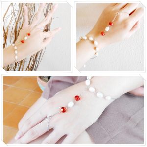Slave Bracelet Ring with White Freshwater Pearl & Orange Beads, Hand Link Chain, Jewelry Handmade. JB1062