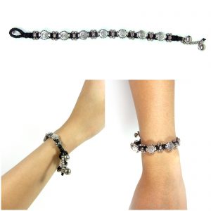 Silver Bracelets Adjustable Size, Wax String with Circle whirl Swirl Charm Beads Handmade Hmong Thailand Jewelry. JB1075