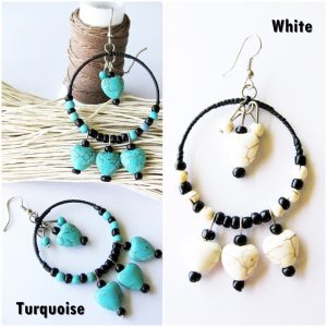 Handmade Dangle Hearts Earrings with Stone and Bead, Jewelry Thailand Handmade. (JE1027)