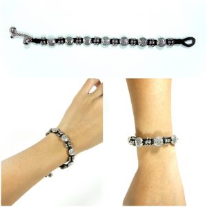 Silver Bracelet Adjustable Size, Wax String with Fish Beads Handmade Hmong Thailand Jewelry. JB1073