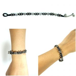 Silver Bracelets Adjustable Size, Wax String with flat round Beads Handmade Hmong Thailand Jewelry. JB1076