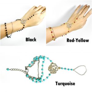 Rose Silver Slave Bracelet Ring with Beads Stone, Hand Chain, Jewelry Handmade. JB1069