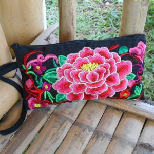 Pink Peony Flower Zipper Wristlet clutch, Wallet, Purse Embroidered vintage Hmong fabric Handmade. (KP1048)