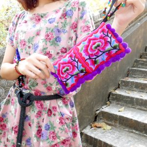 Cotton Flower Colorful embroidered purse decorate with poms poms of Chinese Hmong Hilltribe Thailand. (KP1050)