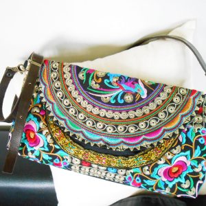 Shoulder Bag, Cross body bag, Leather Strap, Embroidered Handmade by Hmong in Thailand. (KP1242)
