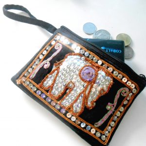 Elephant Hemp Coin Pouch Zipper Coin Change Purse sequin embroidered Thailand Handmade (KP1003)