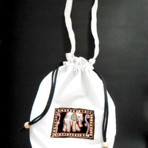 Drawstring bags, Natural Bag, Hemp Fabric with Elephant Embroidered Handmade by Hmong in Thailand. (KP1019-WH)