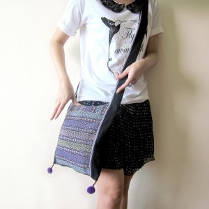 Purple Shoulder Bag, Cross body bag, Pom pom Embroidered Handmade by Hmong in Thailand. (KP1014)