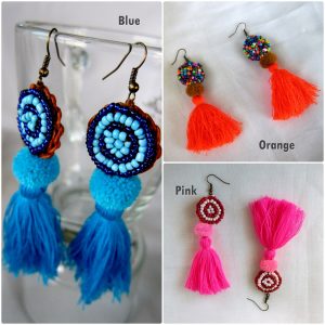 Dangle Earrings Colorful Tassel with Beads, Jewelry Hmong Thailand Handmade (JE1063)