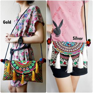 Luxurious Handbag, Shoulder Bag, Cross-body Bag with Tassel Embroidery Hill tribes Handmade (KP1212)